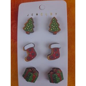 New 3‎ Pack Wooden Stud Earrings Christmas Trees, Stockings, Presents
